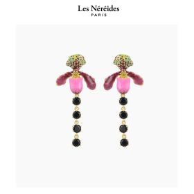 Les Néréides Earrings Purple Lady's Slipper Orchid with Black Faceted Glass CABINET DE CURIOSITE [LNAWCC105T/1]